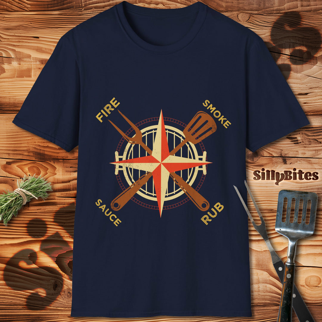 Compass Fire, Smoke, Sauce, Rub BBQ T-Shirt - Unisex