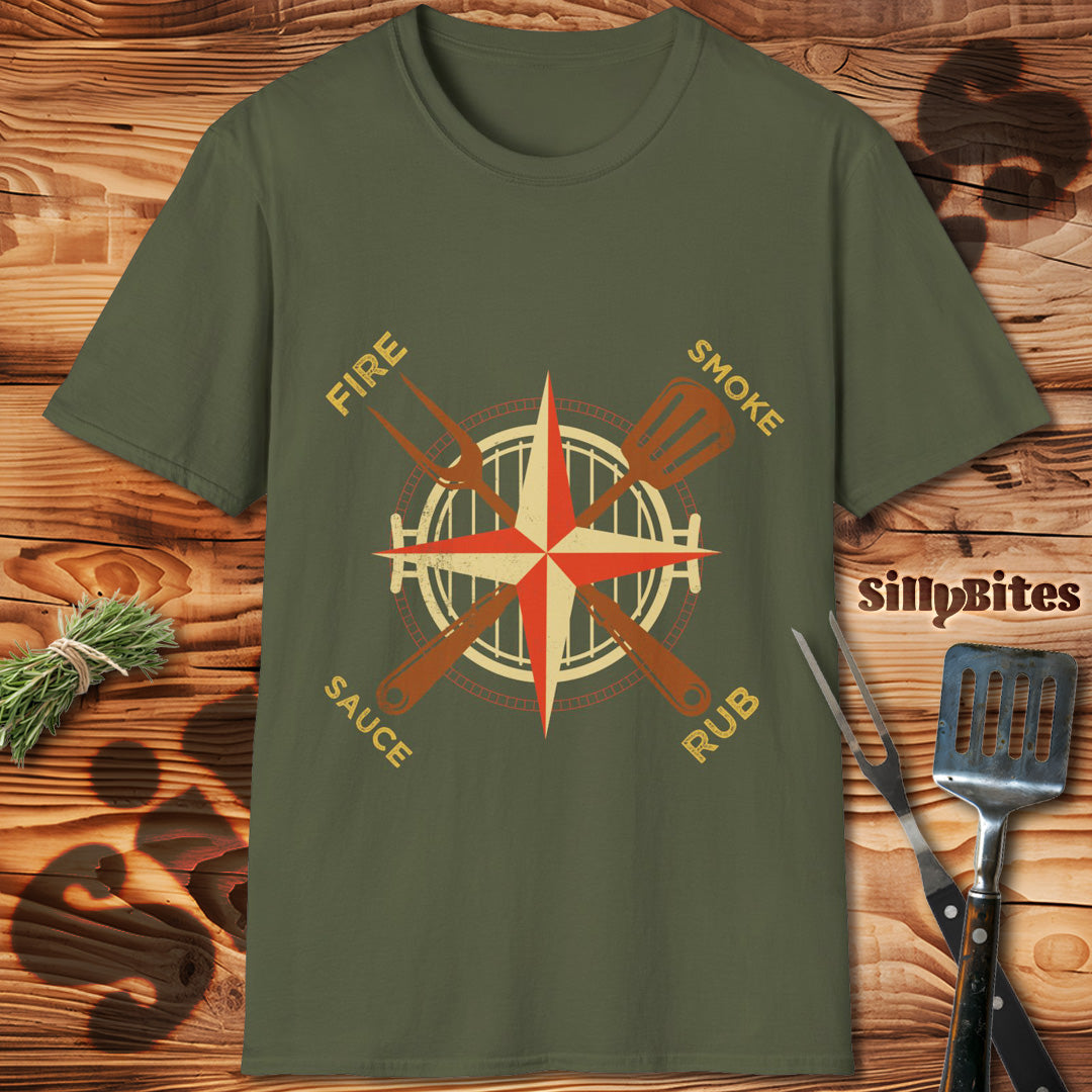 Compass Fire, Smoke, Sauce, Rub BBQ T-Shirt - Unisex