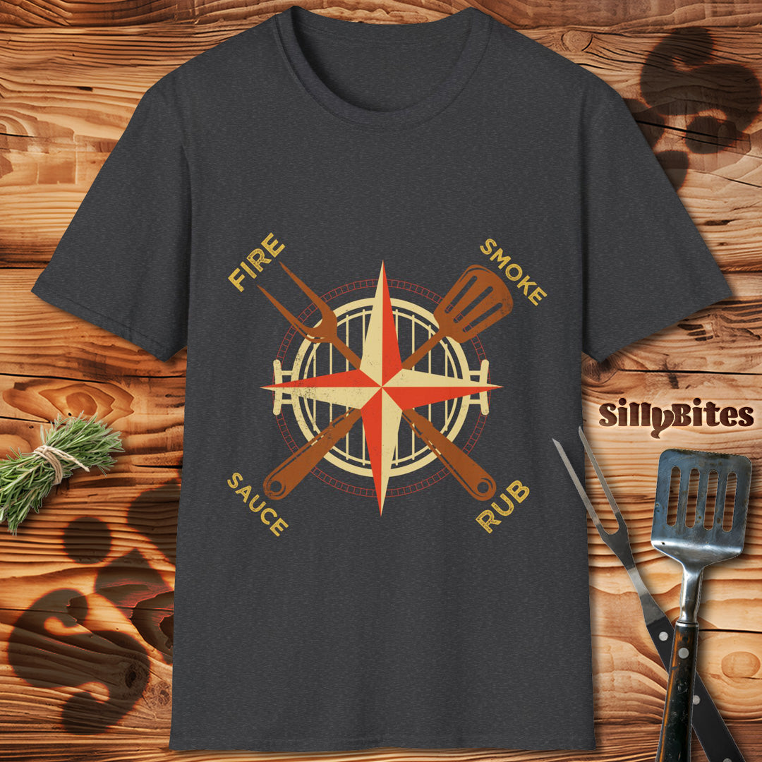 Compass Fire, Smoke, Sauce, Rub BBQ T-Shirt - Unisex
