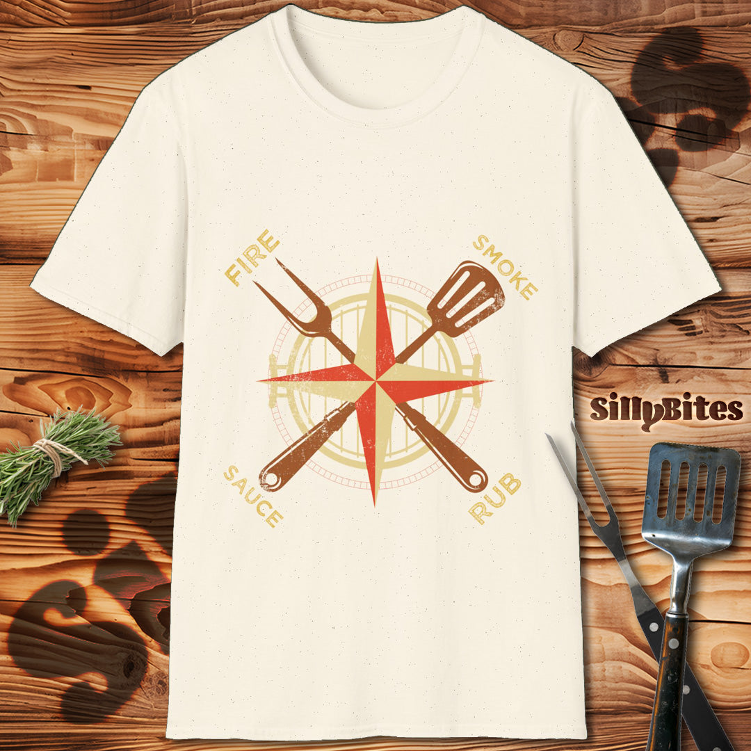 Compass Fire, Smoke, Sauce, Rub BBQ T-Shirt - Unisex